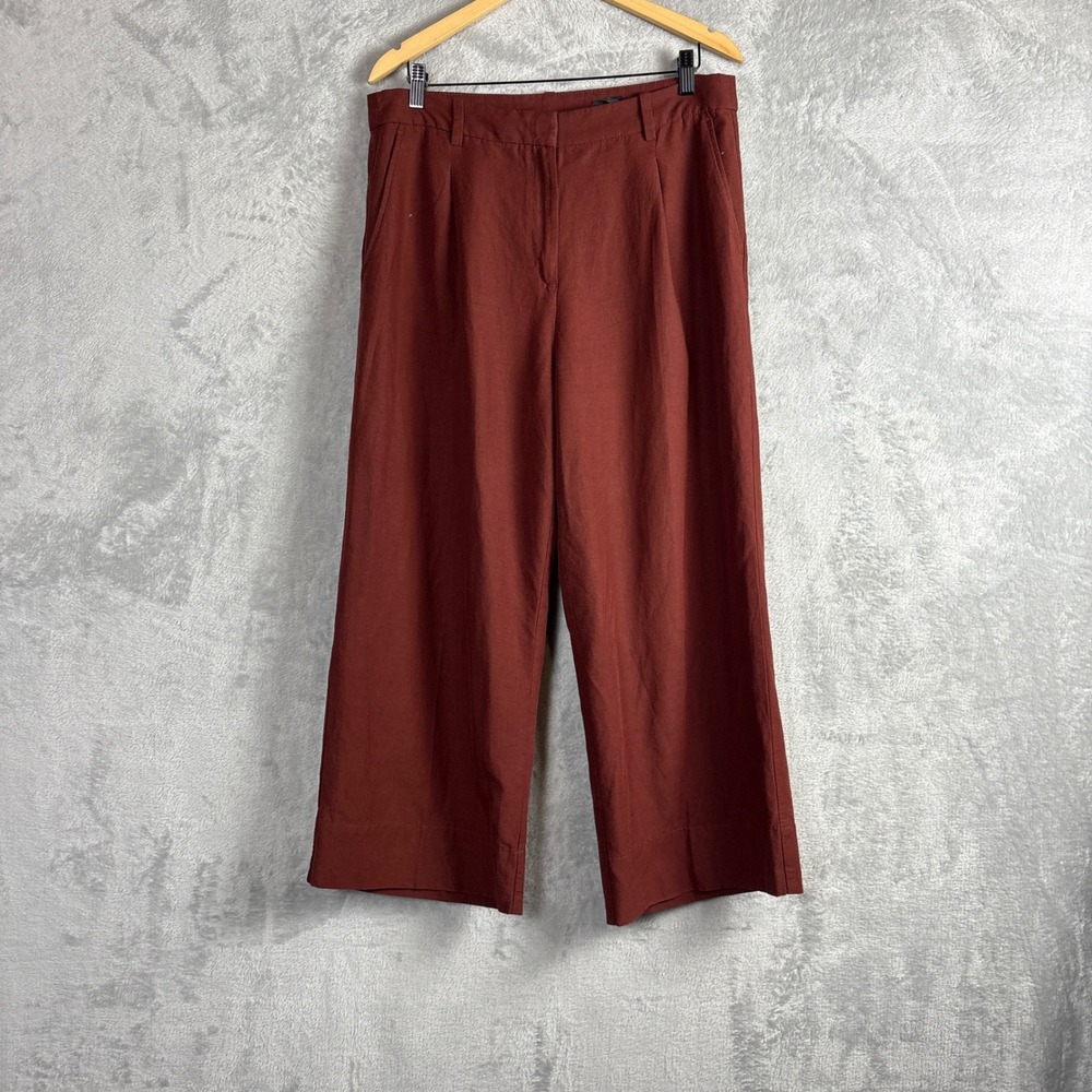 H&M Pants Linen Blend Wide Leg Culottes 12 Rust Brown High Rise Pleated Cropped